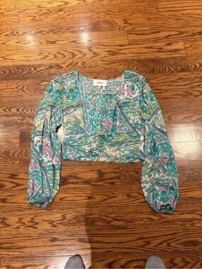 Ba&sh Finka Teal Paisley Long-Sleeve Cropped Top